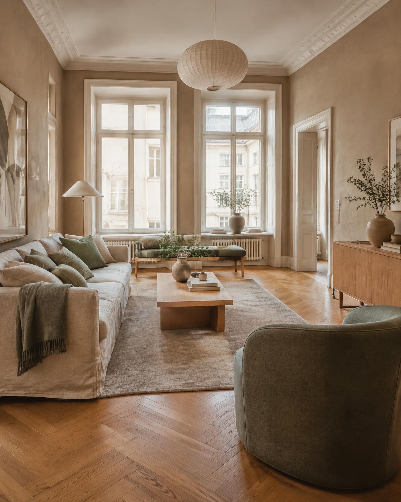 Renovated Stockholm living room in warm Scandinavian style